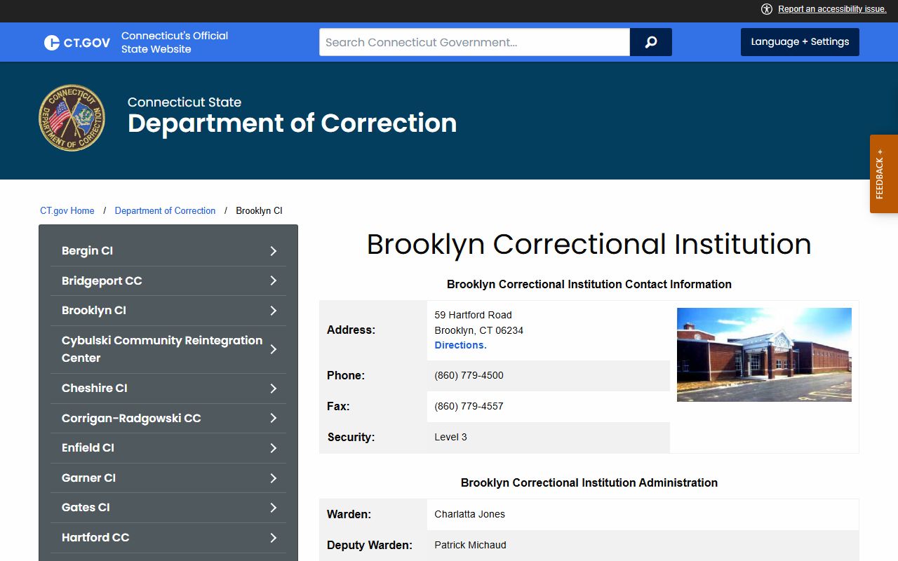Official Connecticut DOC Brooklyn Correctional Institution facility page
