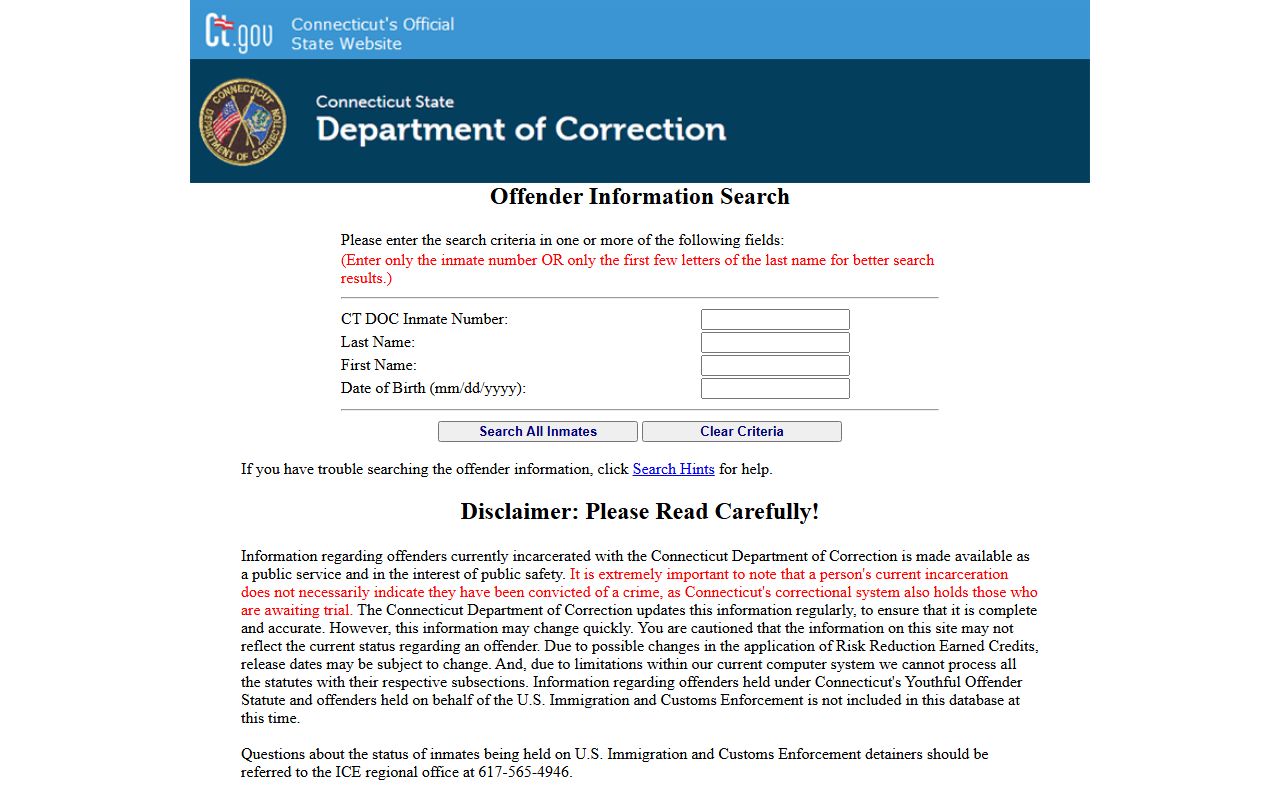Windham County inmate search through the CT DOC inmate information portal